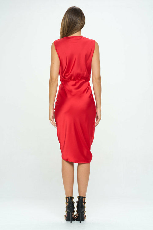 Stretch Satin Ruched Dress with Asymmetrical Hem